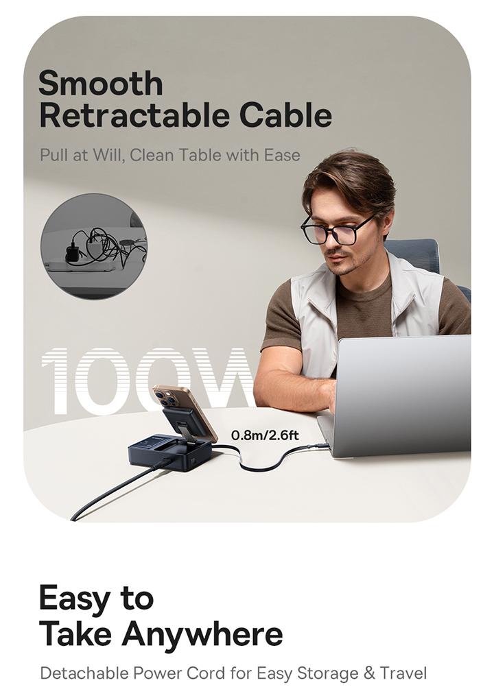 Baseus NOMOS 5-in-1 Desktop Charger 3C+U 140W US Qi2 Wireless Charging+Retractable Cable+Digital Display Baseus NOMOS 5-in-1 Desktop Charger 3C+U 140W US Qi2 Wireless Charging+Retractable Cable+Digital Display