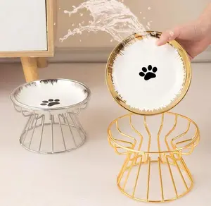 Cute Cat Paw Ceramic Bowl with High Stainless Steel Stand – Anti-Spill, Easy to Clean, Helps Cats Eat Comfortably Without Neck Strain