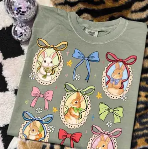 Comfort Colors Retro Floral Coquette Easter Bunny T-shirt, Vintage Thrifted Grandma Core Tshirt Cottagecore Oval Frame Spring Tshirt Trendy Easter Bow