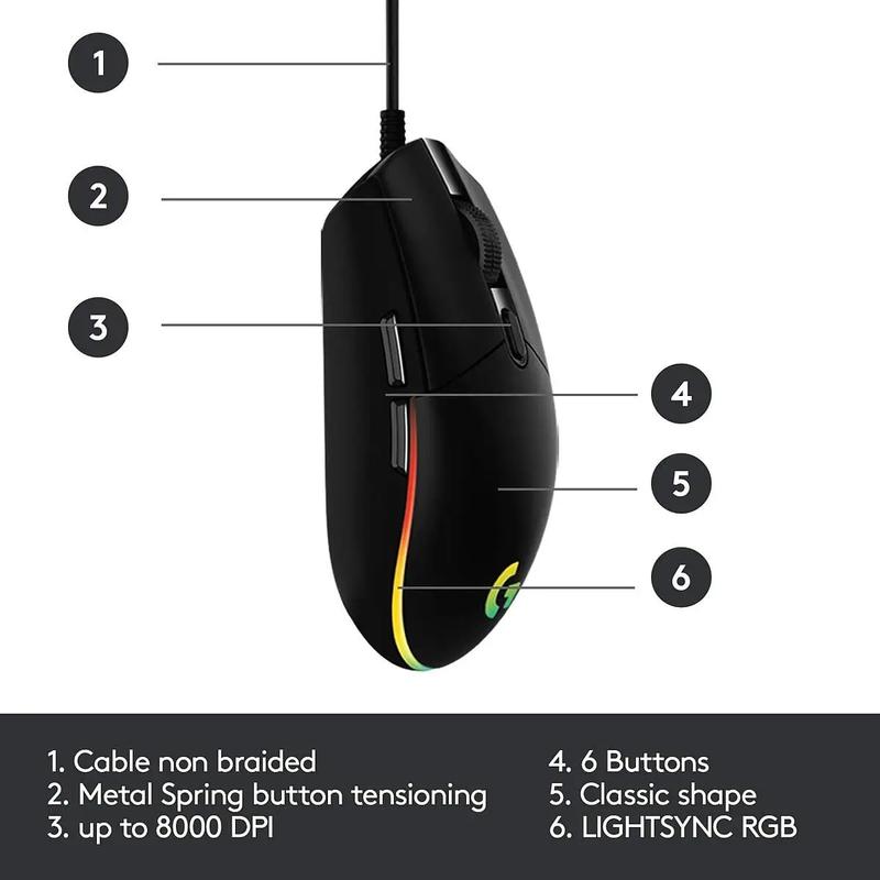 Logitech G203 Wired Gaming Mouse, 8,000 DPI, Rainbow Optical Effect LIGHTSYNC RGB, 6 Programmable Buttons, On-Board Memory, Screen Mapping, PC/Mac Computer and Laptop Compatible - Black Logitech G203 Wired Gaming Mouse, 8,000 DPI, Rainbow Optical Effect LIGHTSYNC RGB, 6 Programmable Buttons, On-Board Memory, Screen Mapping, PC/Mac Computer and Laptop Compatible - Black