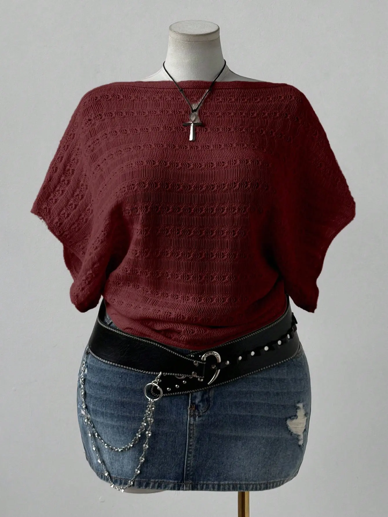 Flirla Plus Size Boho Hollow Knit Blouse – Loose Short Sleeve Vacation Top