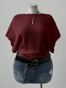 Flirla Plus Size Boho Hollow Knit Blouse – Loose Short Sleeve Vacation Top