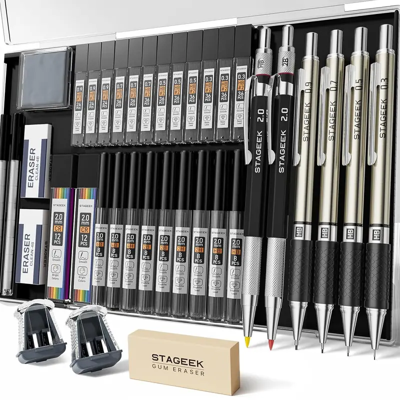 STAGEEK 6 Pack Art Mechanical Pencil Set, Drafting Pencil,3Pack Metal Drafting Pencil 0.5 mm & 0.7 mm & 0.9 mm & 3Pack 2mm Graphite Lead Holder (2B HB 2H)  with 492PCS Leads (6B 4B 2B HB 2H 4H Color)For Writing, Sketching Drawing With Lead Refills Case