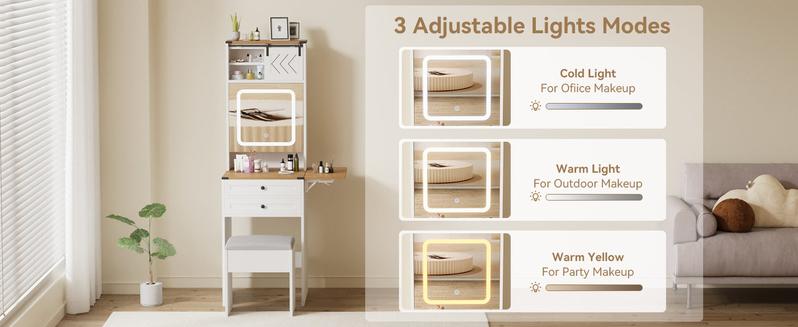Farmhouse Small Vanity Desk Set with Mirror Cabinet Compact Makeup Vanity Set with 3 Adjustable Lights and Storage Chair for Compact Space,  Dressing Table with Fold-up Panel IF049