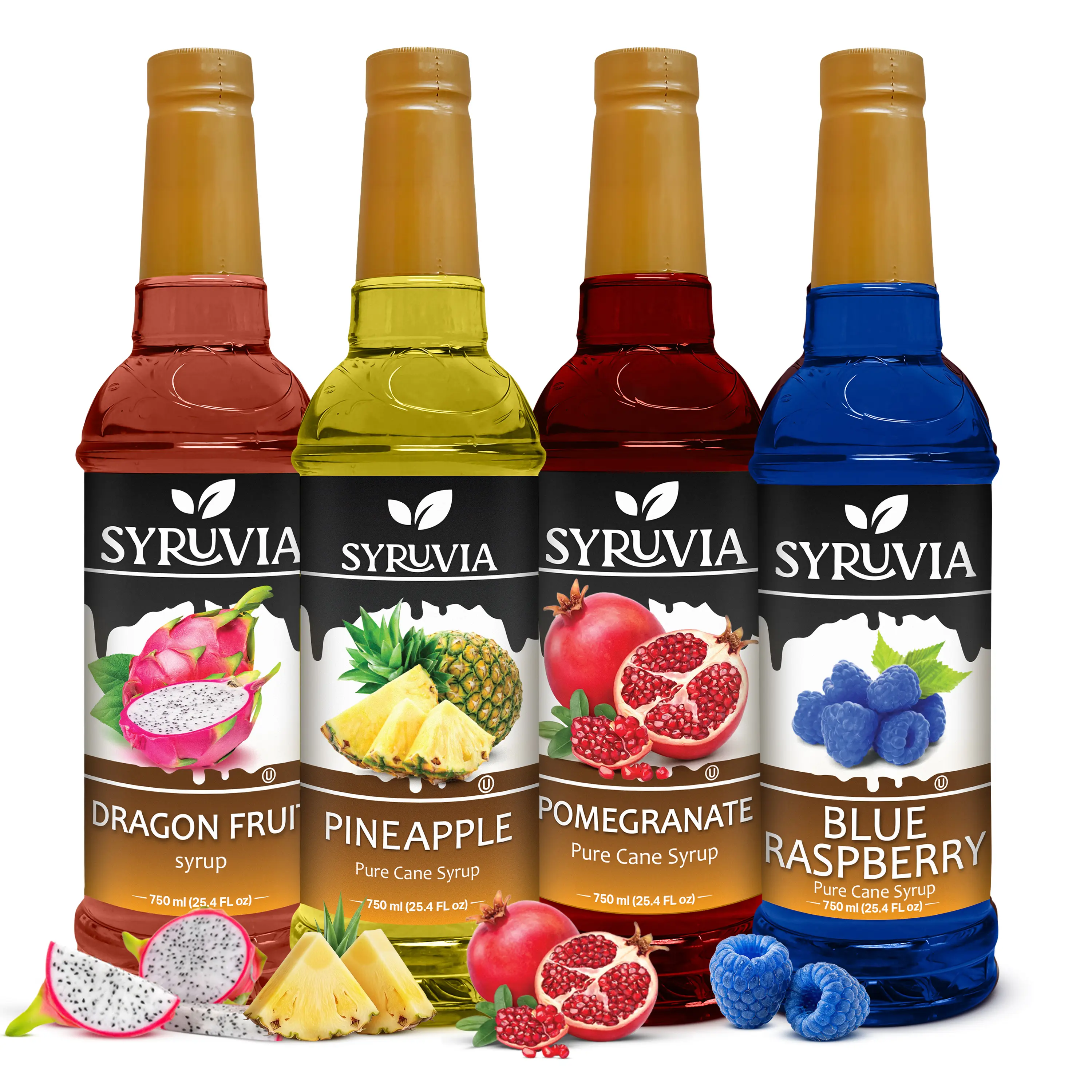 Syruvia Sweet Tropical Syrups & Concentrates Variety Pack - Dragon Fruit, Pineapple, Pomegranate, Blue Raspberry Flavors - 25.4 oz Bottles (4 Pack) - Ideal for Cocktails, Lemonade
