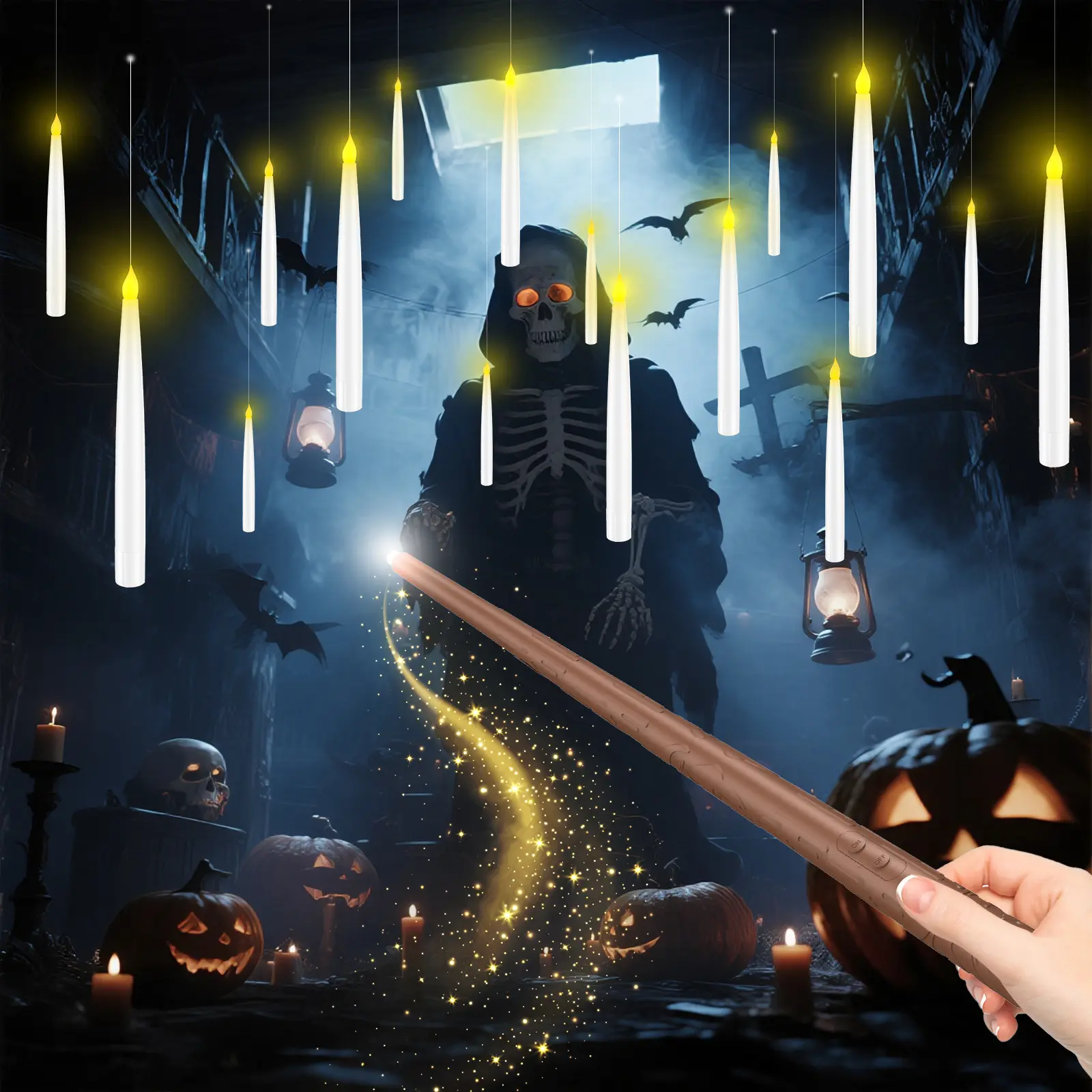 12-Pack 6.6in Fantasy Magic Remote-Controlled Enchanted Floating LED Candle Lights - Battery-Operated, No Flameless Realistic Flickering Flame, Holiday Halloween House Decoration with Wand, Fishing Line, Push Pins for Window Hanging, Multicolor, 12 Pack-M