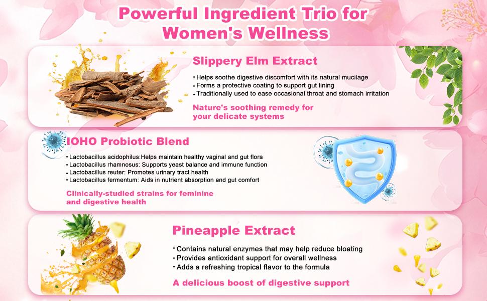 IOHO Her Juicy Feminine Probiotics Gummies-All in One Solution with Slippery Elm and Prebiotics&Lactobacillus Probiotic Blend for Women's pH Balance and Dryness-Hawaiian Pineapple Gummies 60 Count women’s probiotics - Supplement  Healthcare
