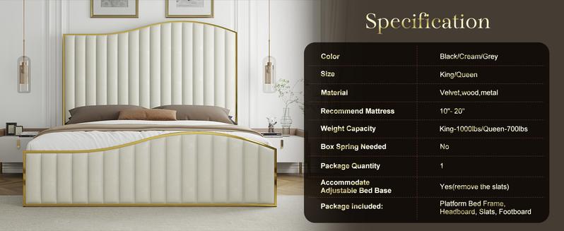 AMERLIFE Bed Frame with Golden Plating Trim, Velvet Upholstered Bed with Vertical Channel Headboard Footboard, No Box Spring Needed/Christmas Gift