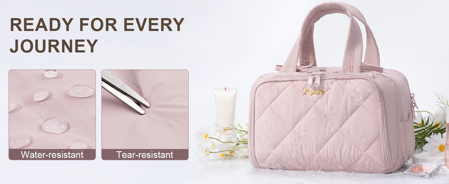 Bagstellar Wide-open Large Toiletry Bag, Lightweight Puffy Travel Bag for Women, Quilted Makeup Bag Organizer Water-resistant Cosmetic Bag with Handle for Toiletries, Essentials, Accessories