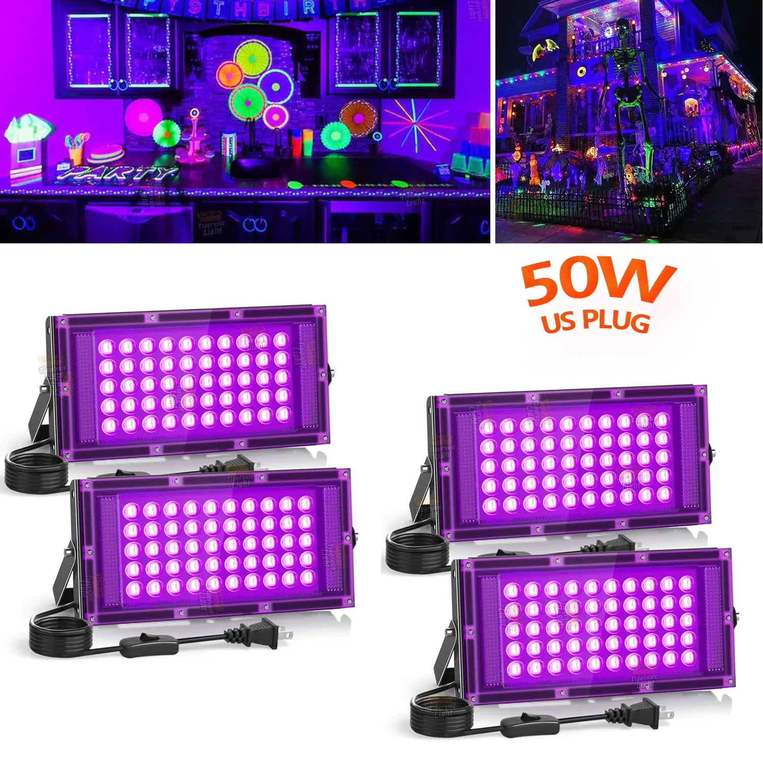 OYCIJE 2/4 Pack 50W Black Lights with Switch+Plug, IP66 Waterproof, LED Blacklight Flood Light for Glow Party, Halloween, Christmas,Bedroom, Fluorescent Poster, Body Paint
