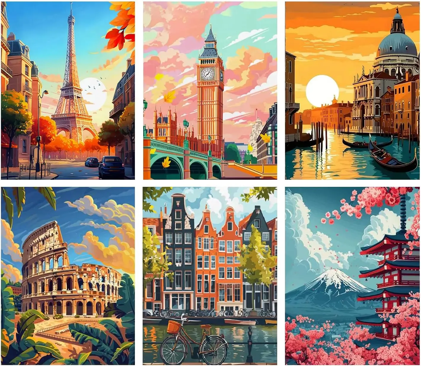 6 Pack Stamped Cross Stitch Kits for Adults - Cross Stitch Kits for Beginners,11 CT Famous Cityscape Cross Stitch Patterns Dimensions DIY Counted Cross Stitch Kits for Adults Arts Craft 12x16 inch