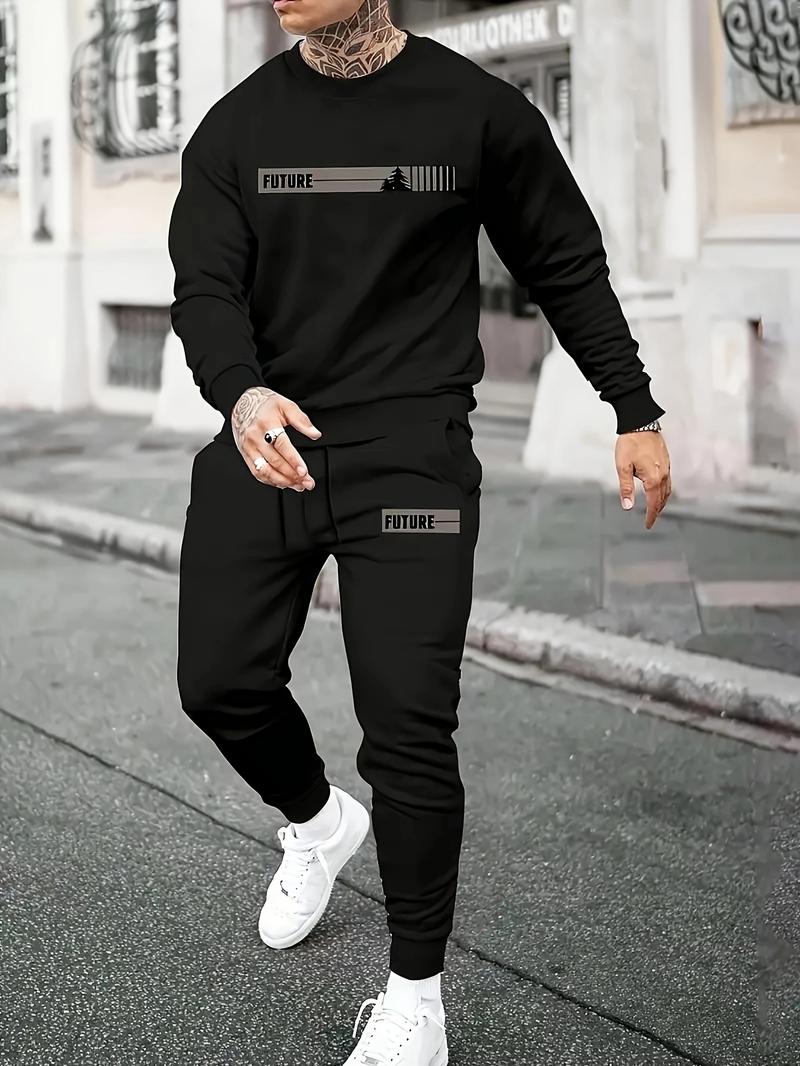 Men's Sports Set - Round neck Long sleeved Top with Strap up Running Pants, Polyester Knitted Fabric, Regular Style Sportswear, Printed Details, Autumn 2-piece Set.