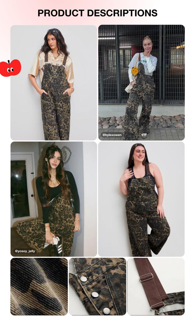 Cider Oversized Denim Leopard Pocket Buckle Up Wide Leg Overall Jumpsuit