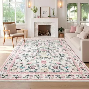 Washable Living Room Rug 8x10 Farmhouse Floral Accent Rug with Non-Slip Backing, Stain-Resistant Soft ，for Dining Room, Bedroom, Kids Room, Pink