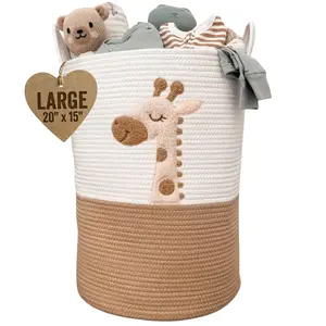 Baby Laundry Basket & Nursery Hamper – 20"x15" Large Giraffe Baby Hamper for Nursery Decor, Tall Woven Rope Dirty Clothes Laundry Hamper with Handles, Safari Animal Baby Room Storage Bin (White & Tan)
