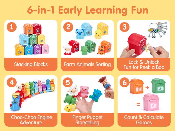 Hahaland Farm Counting Matching & Sorting Train Set-Includes 9 Barns,9 Animal Puppets,&9 Keys for Learning Colors & Numbers Farm-Animals Finger Puppets Keys to Lock and Unlock Barn-preschool Toy-Birthday Easter Basket Stuffers for Kids 1 2 3 Year Old