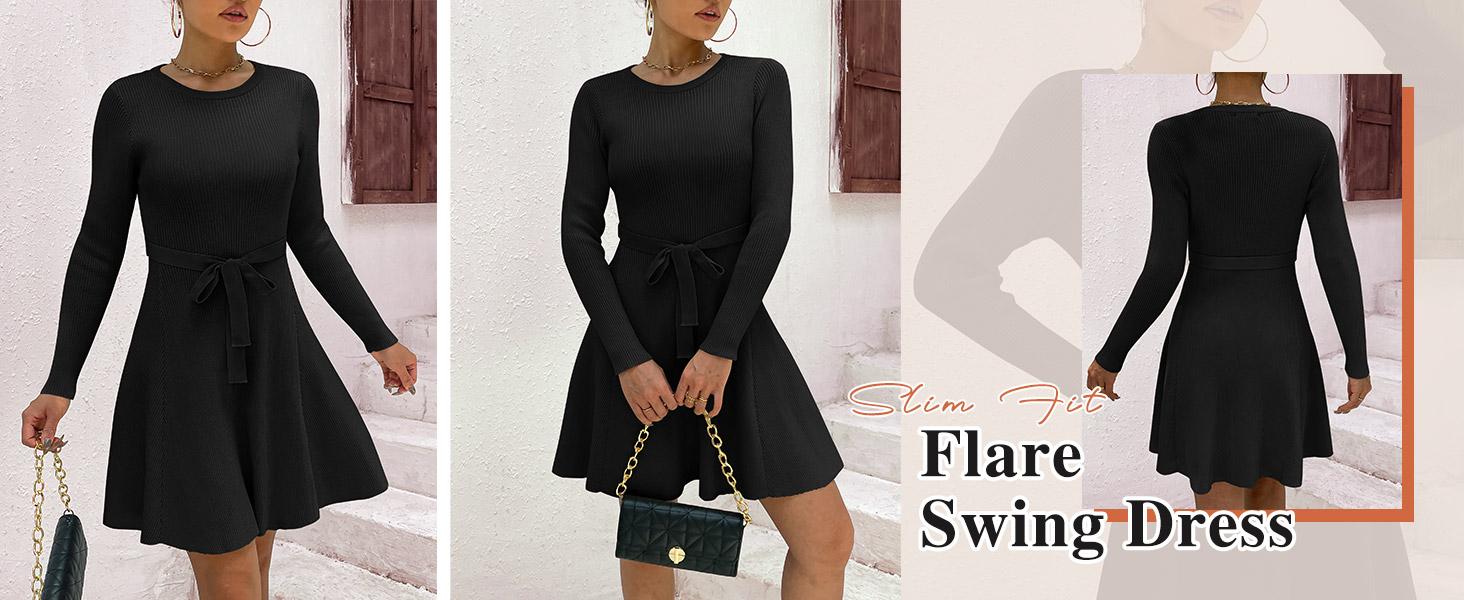 Women's Long Sleeve Dress Crewneck Pullover Sweaters A-Line Casual Swing Dress Bodycon Dress with Belt Thick Suitable for Fall and Winter