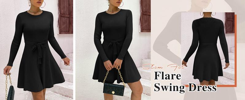 Women's Long Sleeve Dress Crewneck Pullover Sweaters A-Line Casual Swing Dress Bodycon Dress with Belt Thick Suitable for Fall and Winter