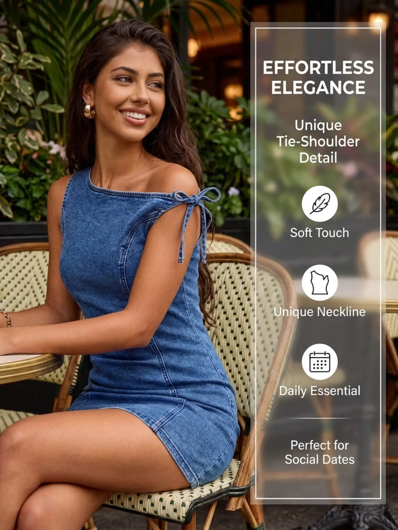 American Style Asymmetrical Neckline Denim Dress with Tie Design, Slim-Fit Dress, Fashion Style Sleeveless Bodycon Dress, Casual Wear, Short, Summer