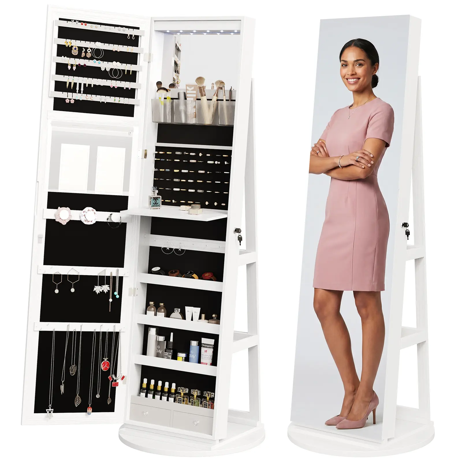 3-in-1 Freestanding Lockable Jewelry Armoire Organizer with 360° Swivel Mirror, Internal LED Lights, Foldable Makeup Tray, 2 Drawers, Adjustable Storage Cabinet for Home Organization Storage