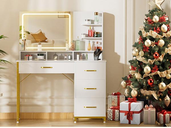 COMHOMA Vanity Desk with Mirror and Lights Makeup Vanity Table with 4 Drawers & Storage Shelves Large HD Mirror 3 Color Modes & Adjustable Brightness Modern Dressing Table for Bedroom Pearl White