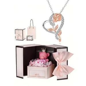 Rhinestone Decor Heart Shaped Pendant Necklace with Rose Bear Box and Greeting Card, Chic Jewelry As Gift for Girlfriend, Gift Ideas for Women, Valentine's Day, Gift for Her, Mother's Day Gifts, Gift Set for Mothers, Gifts for Her