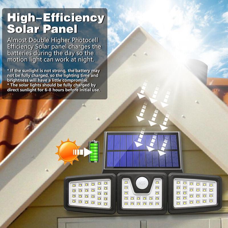 2500LM Motion Sensor Solar Outdoor Lights 210LED 3 Heads IP65 Waterproof 270° Wide Angle 3 Modes
