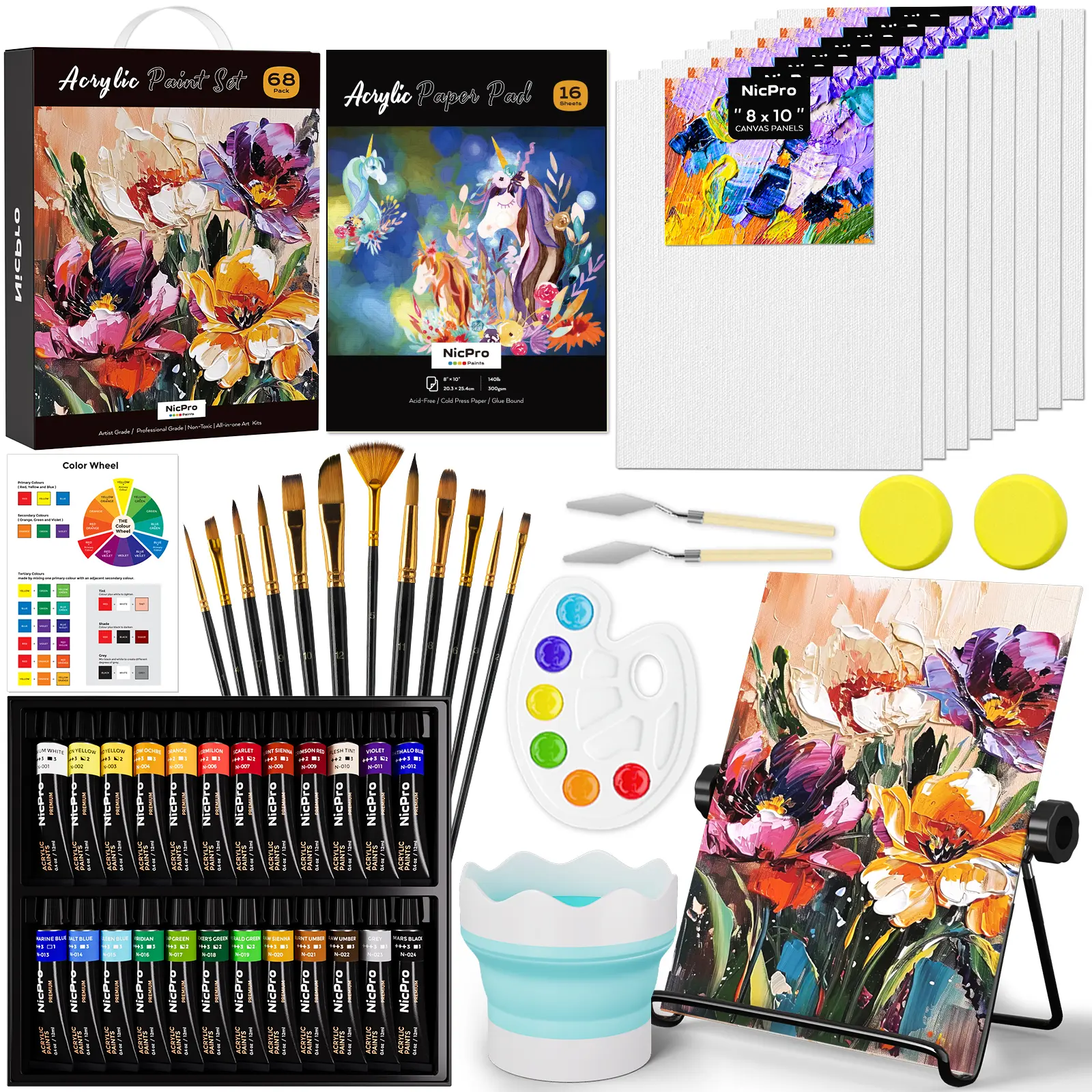 Nicpro 68-Pack Complete Acrylic Paint DIY Decorations Art Supplies Kit - Beginner Craft Kit for Adults & Kids Handpainting, All Seasons, with 24 Paints, Table Easel, 8 Panels, 12 Brushes, Paper Pad, Cleaning Cup, Sponge, Palette