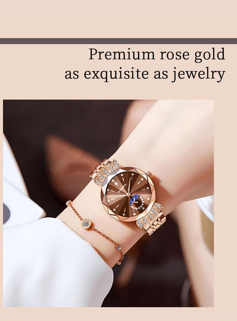 VEADONS Luxury Women's Jewelry Watch Diamond Cut Crystal Stainless Steel Case Water Resistant Moon Star Sun Design Elegant Wristwatch Perfect Gift for Her