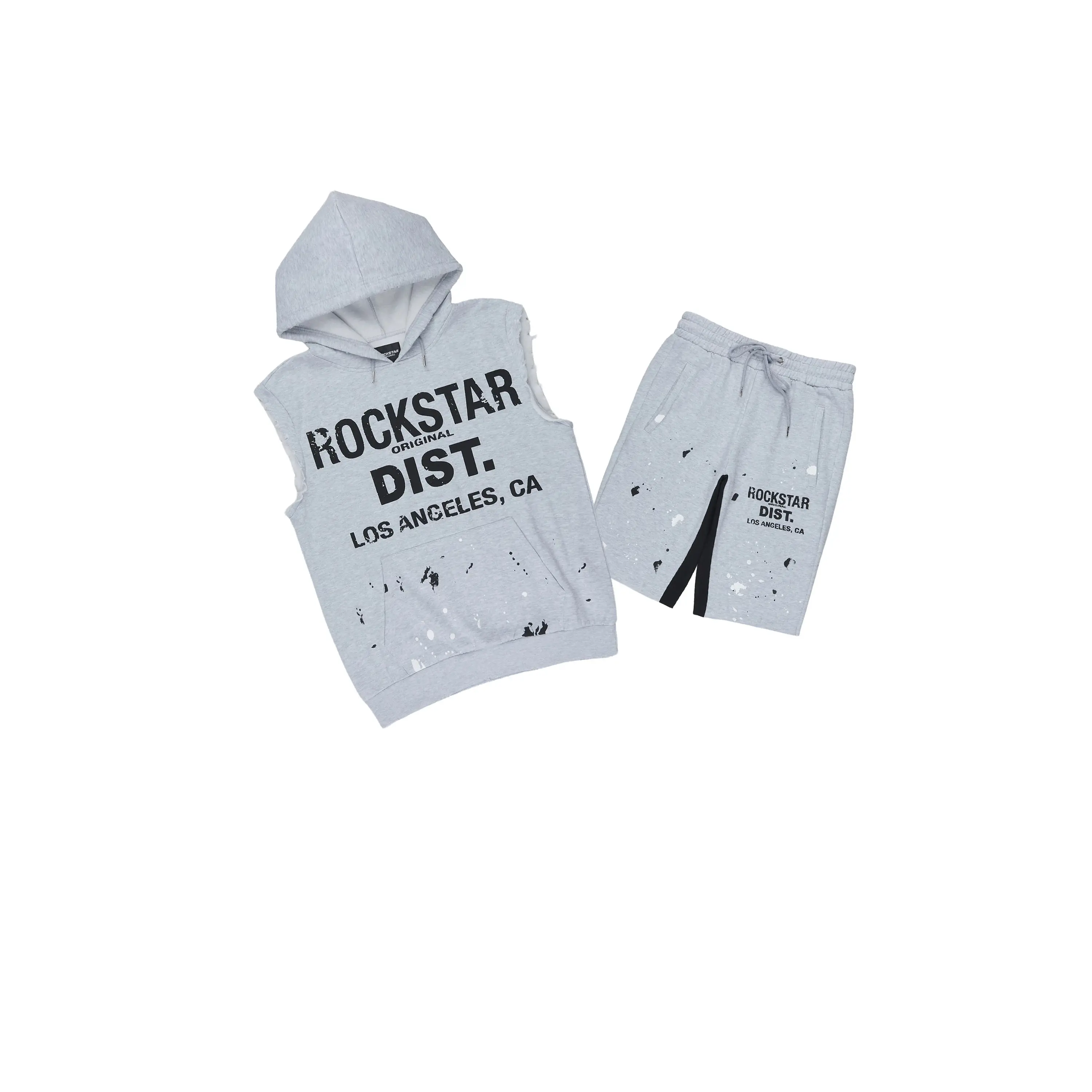 Scottie Heather Grey Cut Off Sleeve Hoodie Short Set