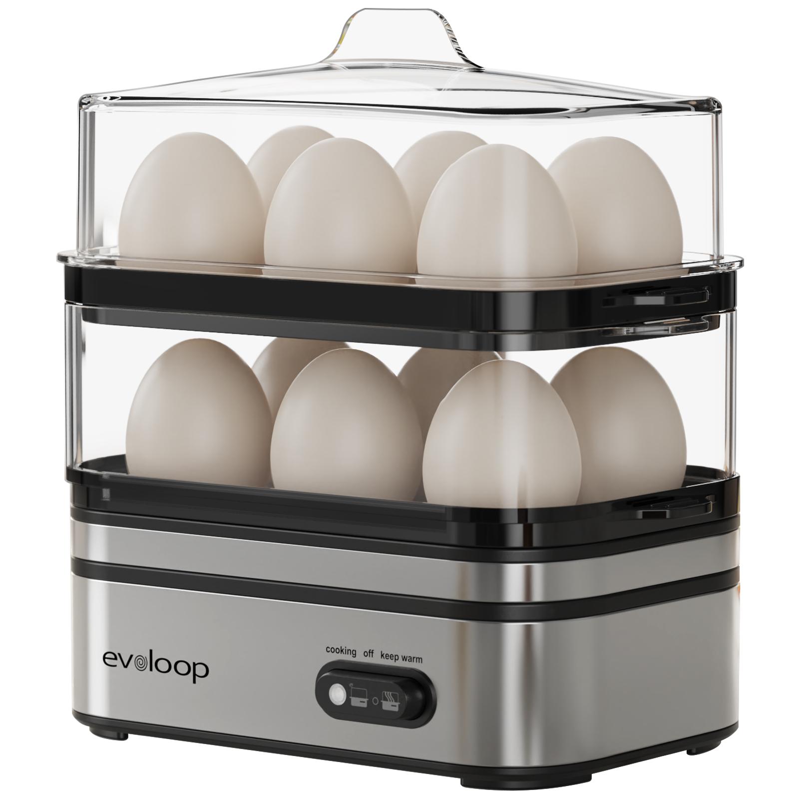 EVOLOOP Rapid Egg Cooker Electric 12 Eggs Capacity, Soft, Medium, Hard Boiled, Poached, Omelet Maker Egg Poacher & Vegetable Steamer, BPA Free Tray