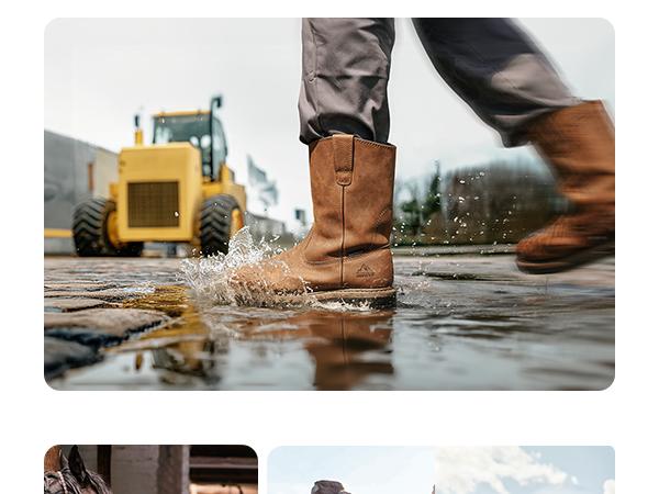 NORTIV 8 Steel Toe Boots for Men Waterproof Pull-on Wellington Work Boots Boy Footwear Closed Comfort Walking Shoes Rugged Leather Upper Construction Site Tough