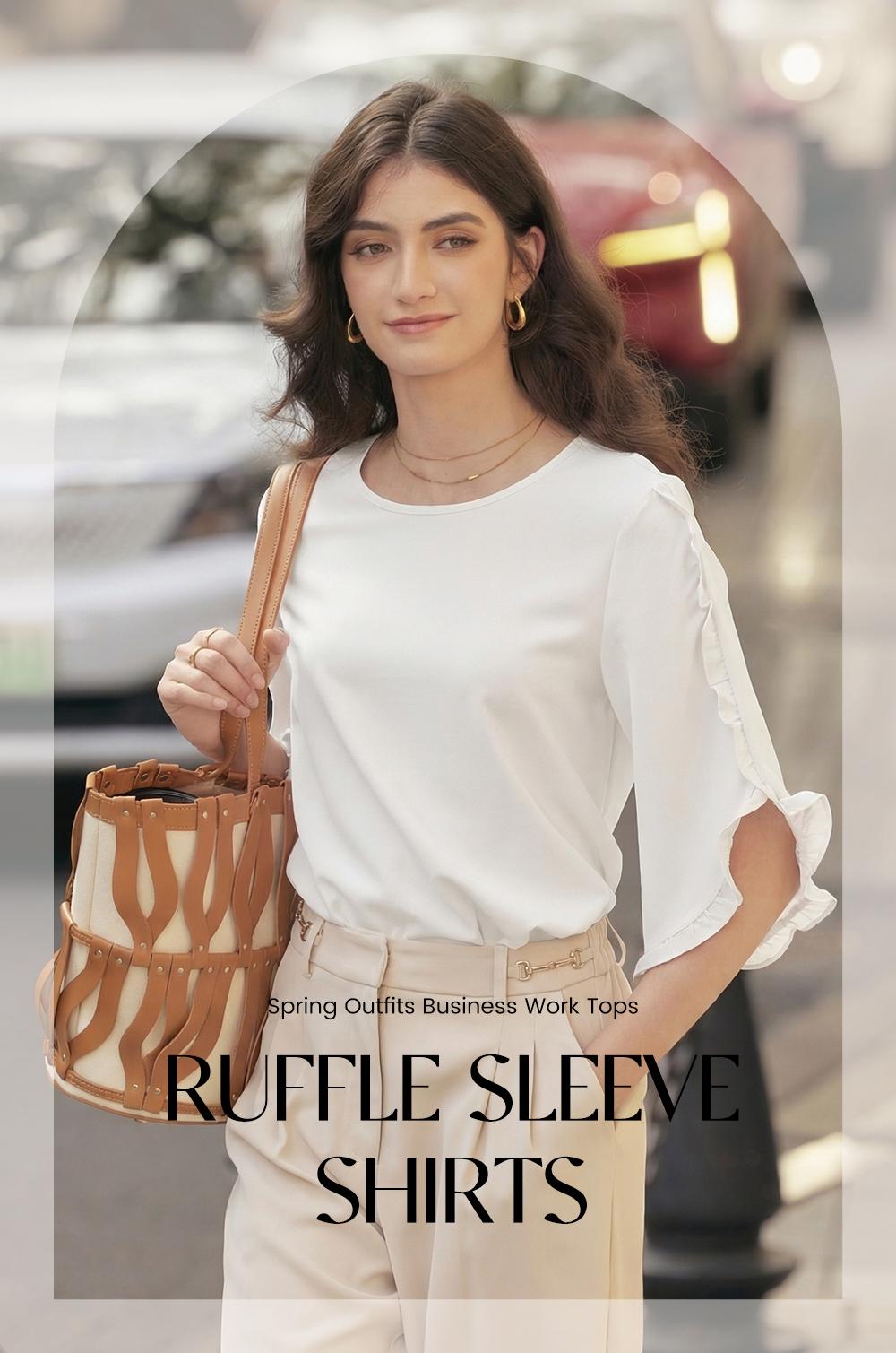 EVALESS 3/4 Long Sleeve Womens Tops Dressy Casual Lightweight Loose Blouses Crew Neck Ruffle Sleeve Shirts Business Work Tops 2026 Trendy Womenswear Spring Outfits  Deals For You Days summer outfits