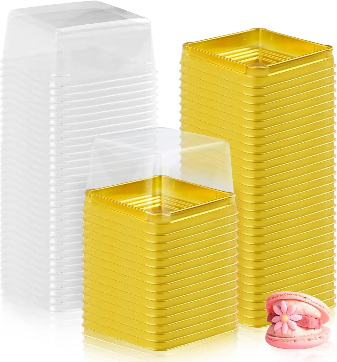 150 Set 3" Mini Cupcake Containers Plastic Square Containers with Lids Cupcake Boxes Muffin Pod Dome Muffin Single Individual Container Box for Wedding Birthday Gifts Supplies (Golden)