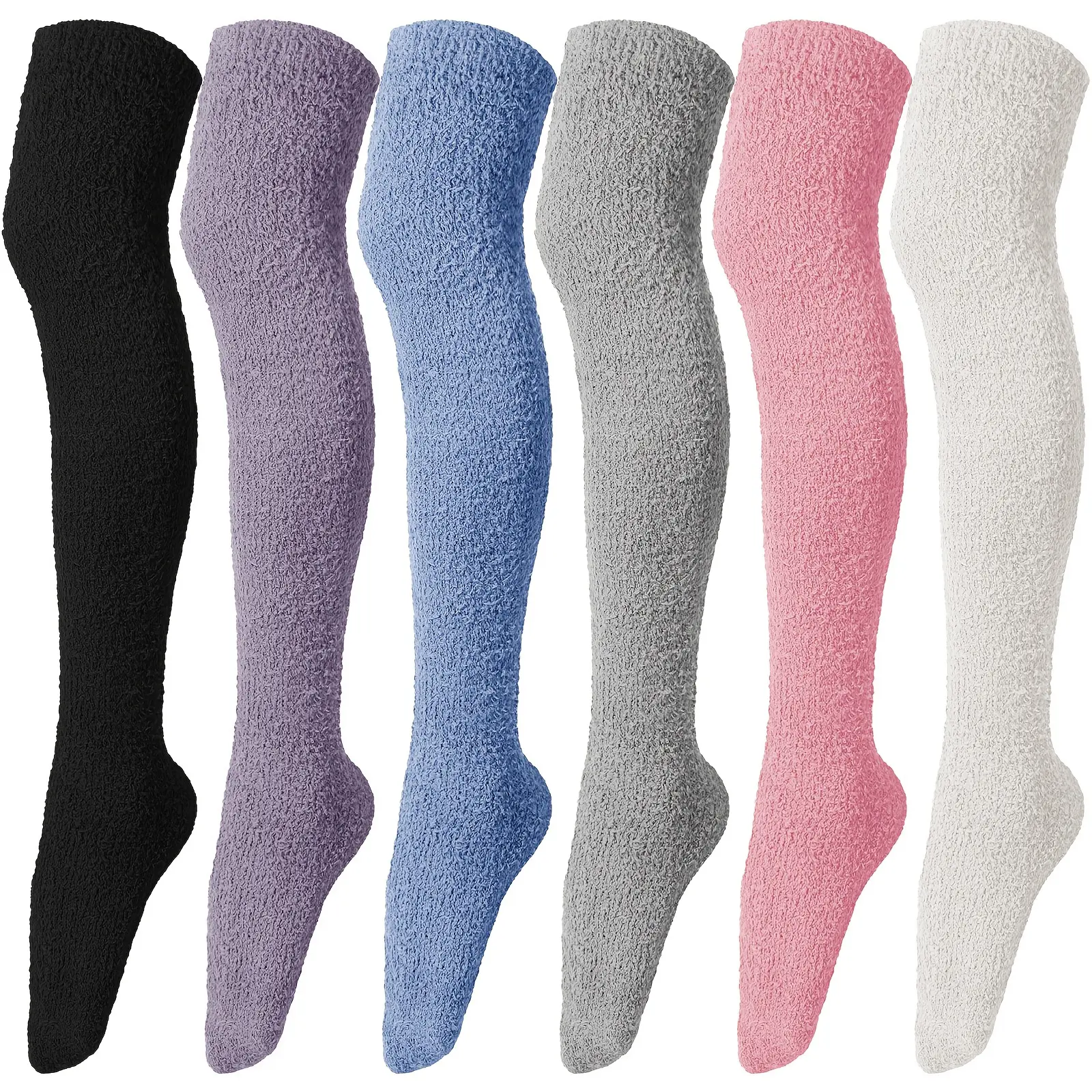 Women's 6-Pair Basic Fuzzy Socks - Polyester, Chic Colorful, Soft Plush, Knee-High to Thigh-High, Warmth Boost, Snug Fit Slipper Socks for Cold Weather, Ideal for Daily Rotation & Gifting