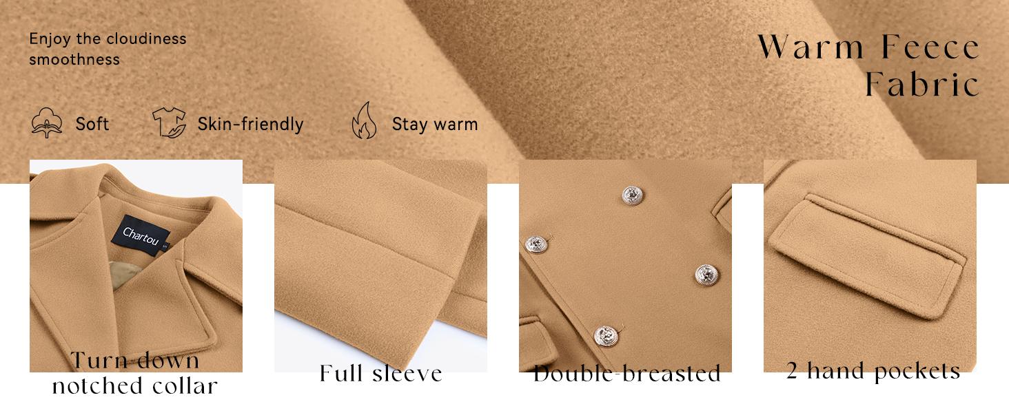 CHARTOU Women's Winter Jacket Double-Breasted Wool Blend Warm Long Trench Coat