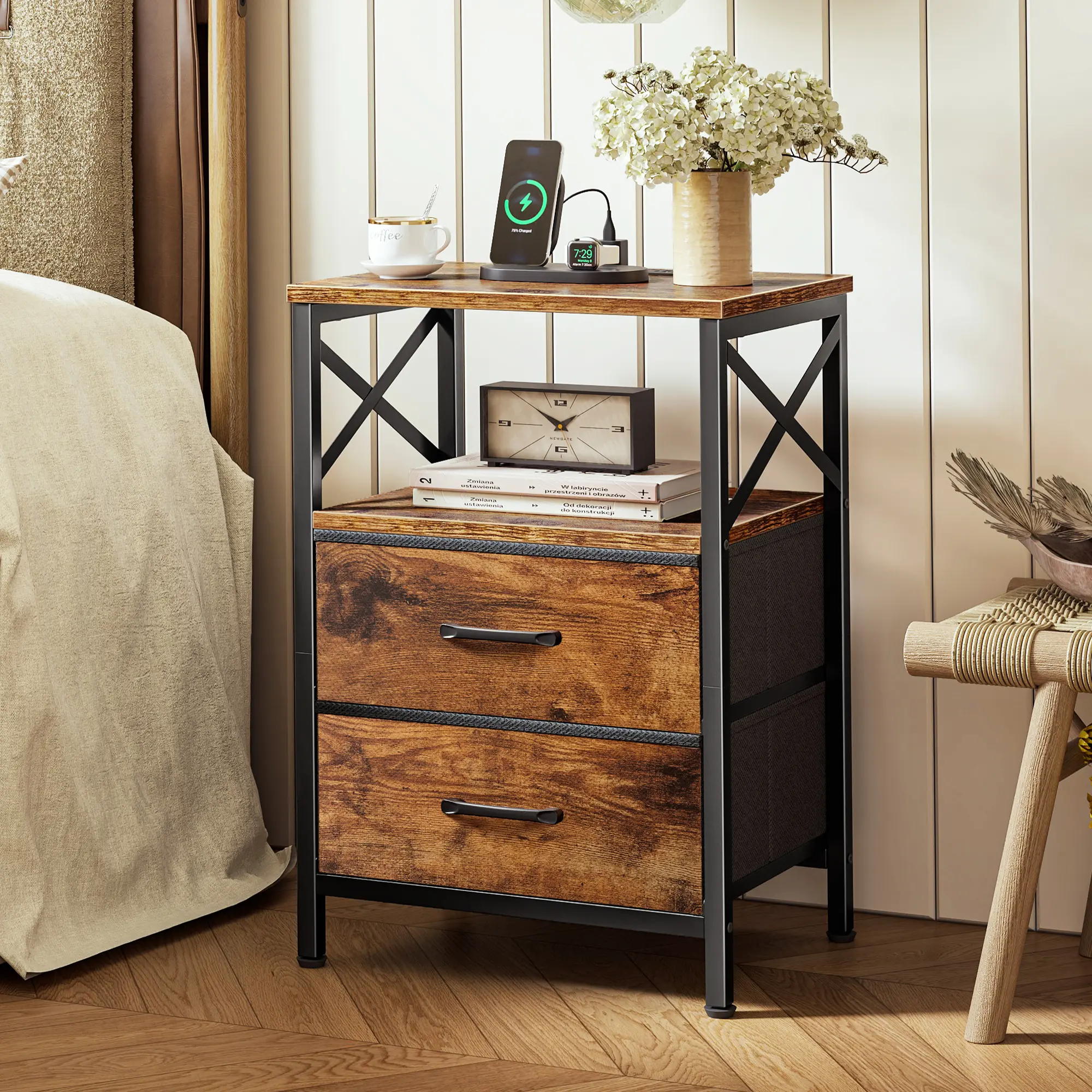 Huuger Modern Wood Bedside Table with Charger Station - 2 Drawers, Open Shelf, USB-C Port, X-Shaped Side Rail, Compact Indoor Furniture Nightstand for Small Spaces