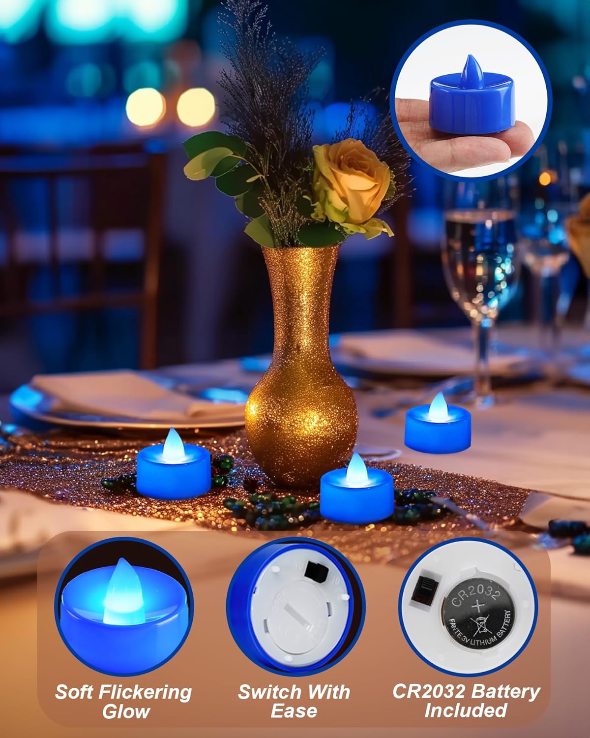 Flameless Candles 24Pack Battery Operated LED Tea Lights Flickering Blue Tealights for Halloween Christmas Wedding Safe 200 Hours Battery Included Flameless Candles 24Pack Battery Operated LED Tea Lights Flickering Blue Tealights for Halloween Christmas Wedding Safe 200 Hours Battery Included