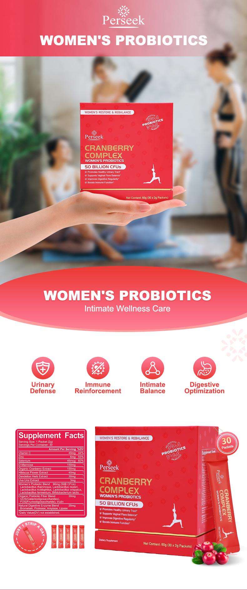 Perseek Women’s Probiotic Dietary Supplement - 50B CFUs + Cranberry - Natural Supplements for Intimate, Urinary and Digestive Support - 30 Packets