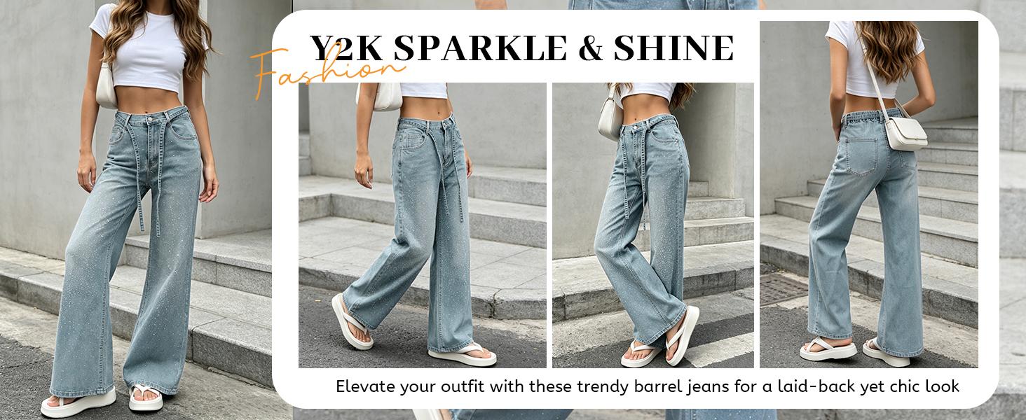 Construction detail of Women's Relaxed Rhinestone Denim Wide-Leg Jeans