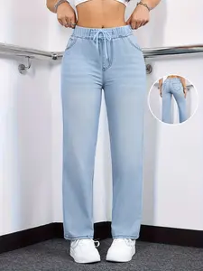 Plus Size Women's Drawstring Waist Straight Leg Jeans | High Waist Stretchy Washed Denim | Casual Trendy Comfy Jeans for Daily Wear | Flattering Fit