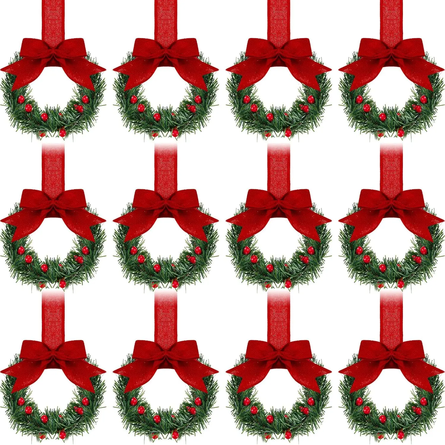 12 Pcs Christmas Kitchen Cabinet Wreaths with Ribbon Bow Decor, 5.12 Inch Mini Christmas Wreath Small Kitchen Xmas Decor for Window Door