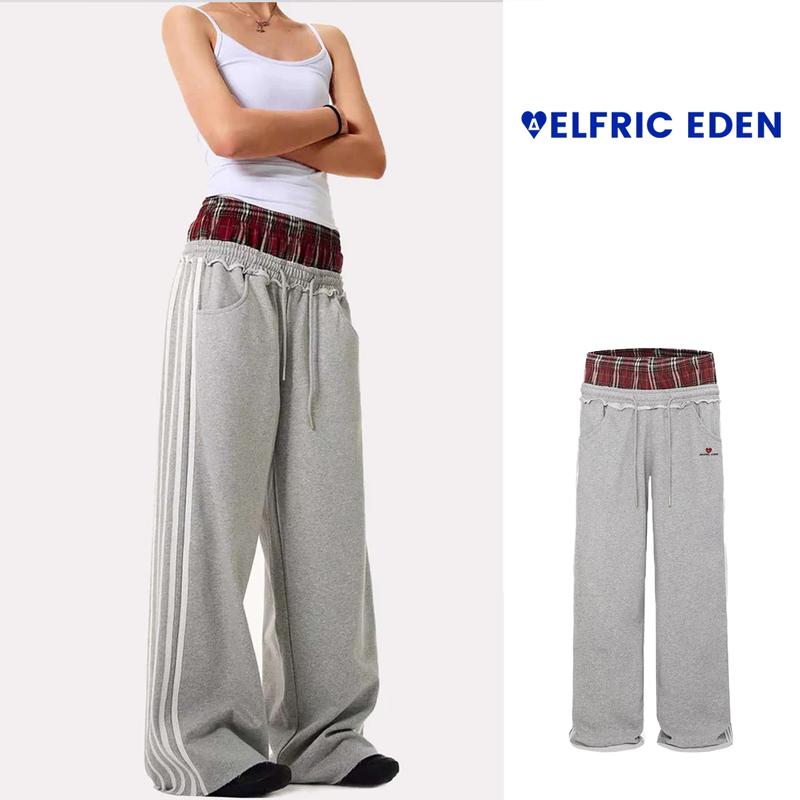 Aelfric Eden Women's Double Waist Plaid Patchwork Cotton SweatPants Baggy Wide Leg Long Pants with Pockets Fitted Casual Bottoms