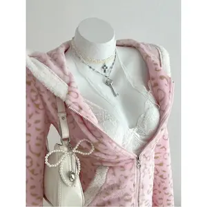 1pc Soft Fleece Leopard Print Zip-Up Hoodie Jacket, Casual Cute Colorblock Design, Suitable For Autumn/Winter, Back To School Season, Leisure & Home Wear For Women Long Sleeve Coats