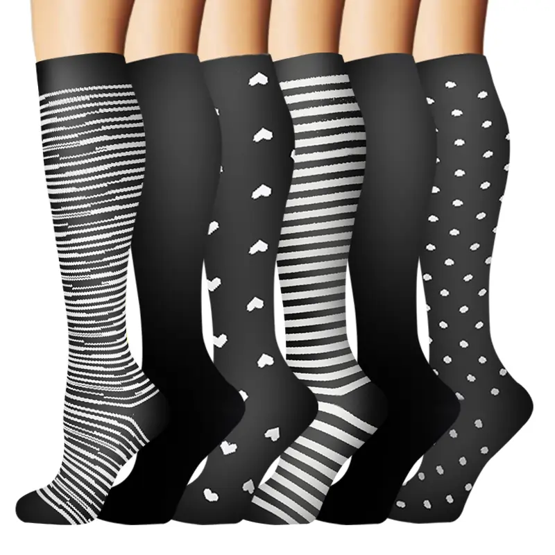 MhzyCaus 6 Pairs Compression Calf Socks for Men & Women Quick Dry Anti-Odor Anti-Friction Sports Socks for Running Hiking Gym Yoga Breathable Polyester Fabric 4 Season Fit Pattern Compression Knee High Socks unisex