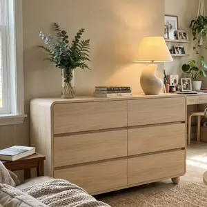 Aowos 6 Drawer Dresser for Bedroom, 53" Wide Wood Dresser & Chests of Drawer with Handleless & Curved Profile Design, Wooden Dresser TV Stand for Living Room, Entryway, Natural,