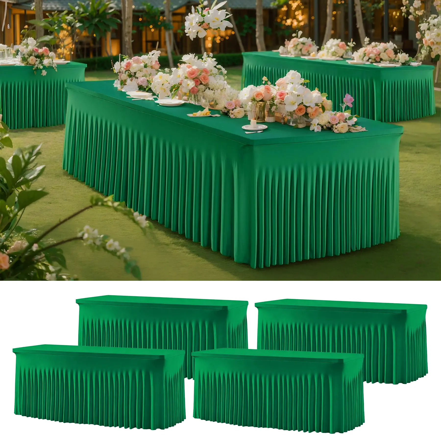 4-Piece Spandex Stretchy Rectangle Tablecloths (4ft-6ft-8ft) - Classic, Washable, Stain-Resistant, Wrinkle-Resistant Ruffle Home Supplies for Party Decor, Wedding, Anniversary