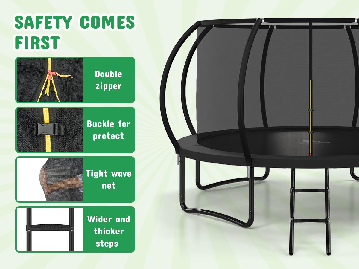 Outdoor Trampoline, 12FT Recreational Trampoline  for Kids and Adults,  ASTM Approved Trampoline with Safety Enclosure Net, Wide Ladder and Anti-Rust Coated Frame