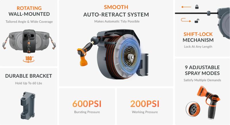 65ft Garden Retractable Hose Reel 5/8in by Giraffe Tools