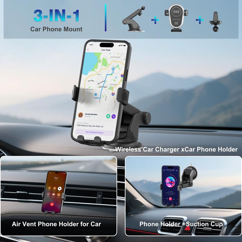 Wireless Car Charger: 15W Fast Charging Phone Holder for iPhone 15 14 13 12 11 Pro Max, Samsung Galaxy S23 S22 S21
